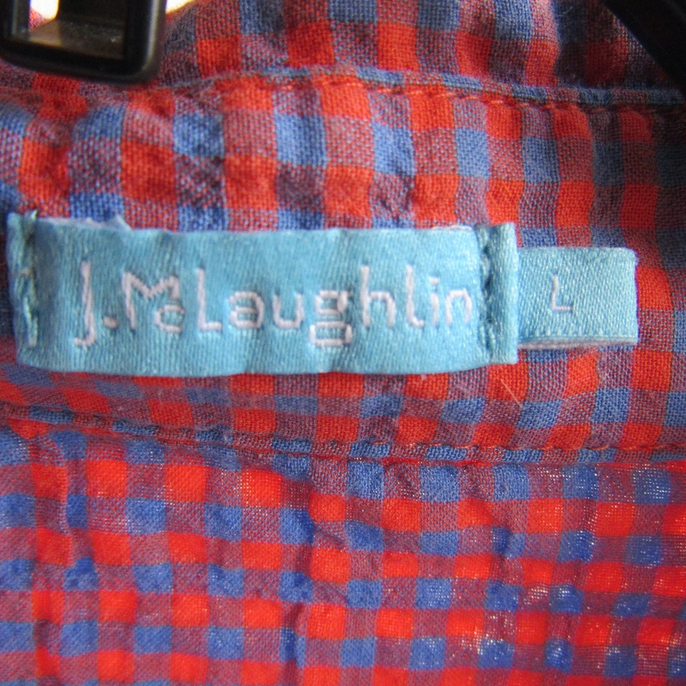 J Mclaughlin Red Blue Gingham Shirt Seersucker L Long Sleeve Button